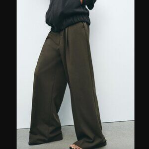 NEW ZARA WOMEN DARTED TROUSERS Wide Led Pants Olive Green 4391/420 Size M